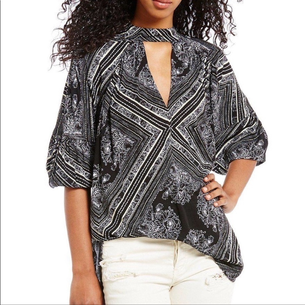 Free People Walking on a Dream Black Print Long Sleeve Tunic Medium